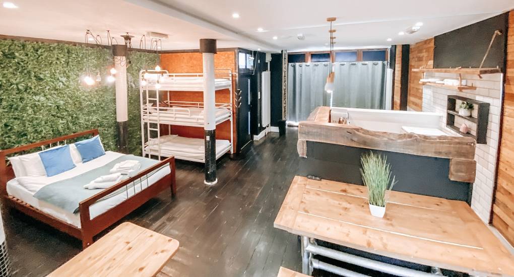 Charming open-plan apartment layout with bunk beds at The Bunker, central Bournemouth hen accommodation.
